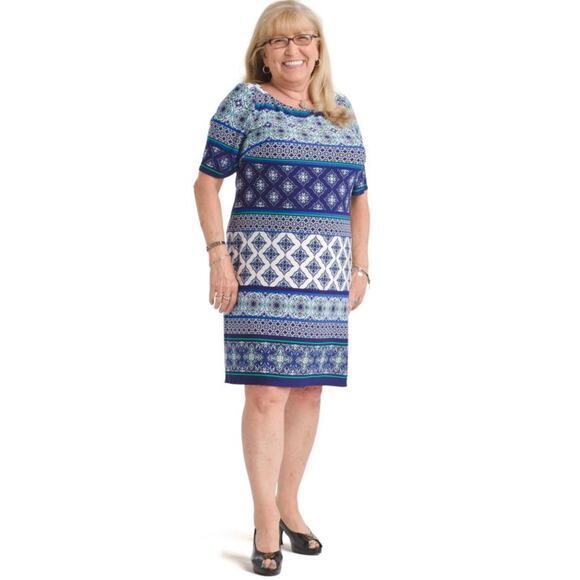 Eliza‎ J Geo Striped Knit Dress blue gold zipper, plus size 18W - Picture 1 of 12